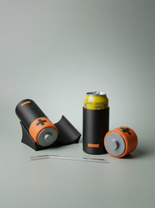 Battery can coolers with a can, the stand and a straw
